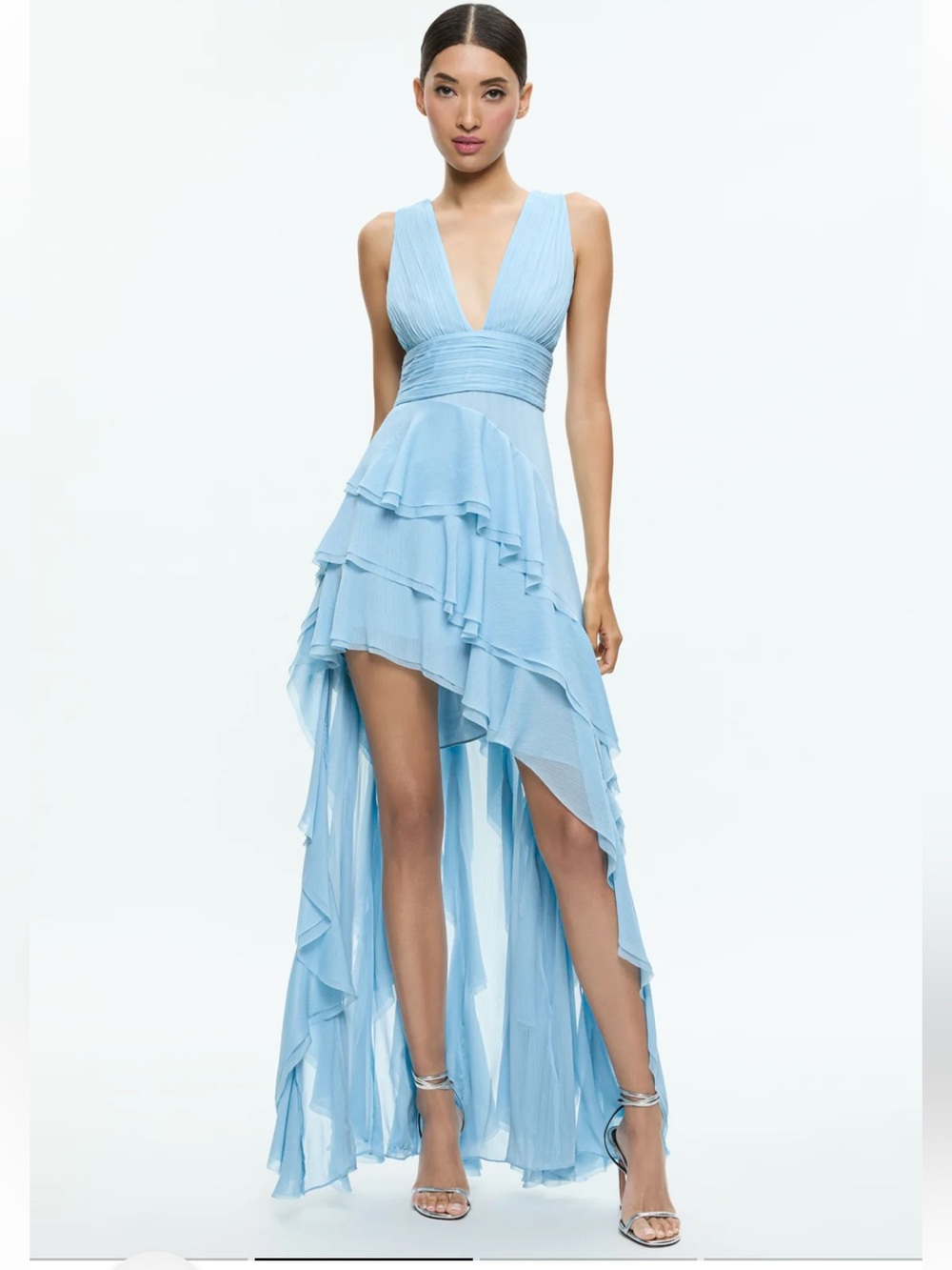 Alice + Olivia Holly Mineral Blue High-Low V Neck Ruffle Gown Powder Dusty Blue